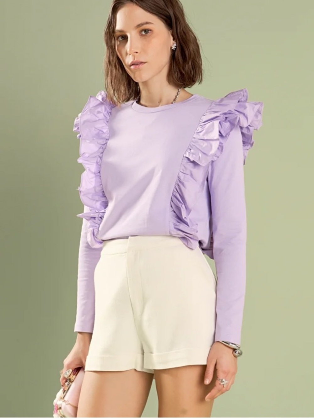 ENGLISH FACTORY poplin ruffle detail long sleeve top lilac cotton size L
